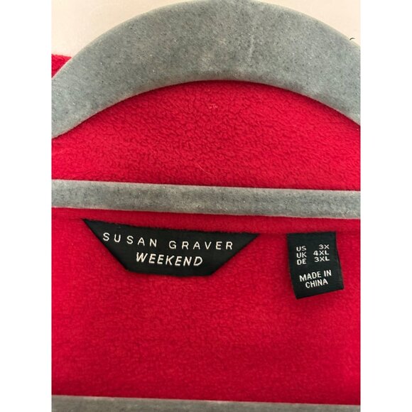 Susan Graver Weekend 3X Red Fleece Snap-Front Jacket Black Trimmed Collar Pocket - Picture 9 of 12